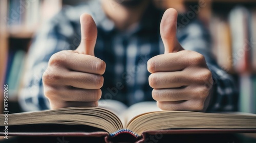 Close up of an individual expressing approval with two thumbs up in front of an open book conveying positivity and encouragement in an educational setting photo