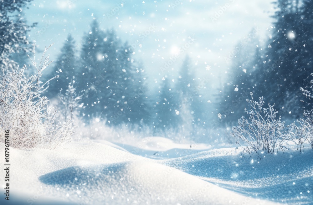 A winter wonderland with fresh fallen snow and a snowy forest in the background. A winter wonderland with fresh fallen snow and a snowy forest in the background.