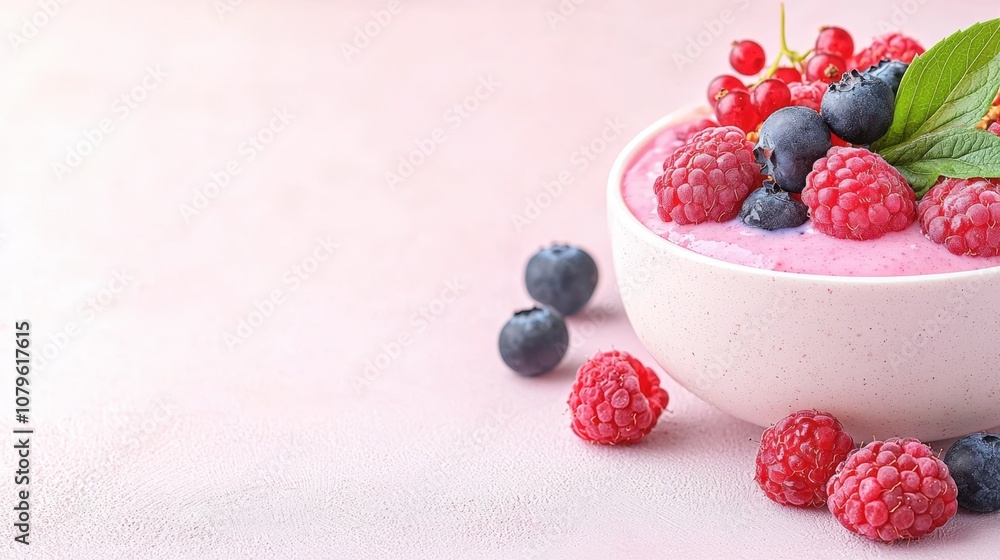Fresh summer berries and yogurt in ceramic bowl on pink background Fresh summer berries and yogurt in ceramic bowl on pink background
