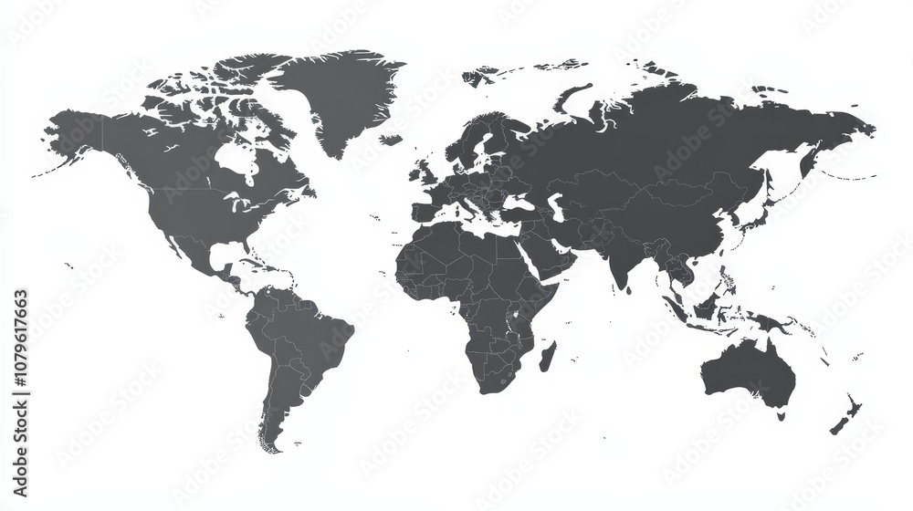 Naklejka premium A gray world map with country borders on a white background.