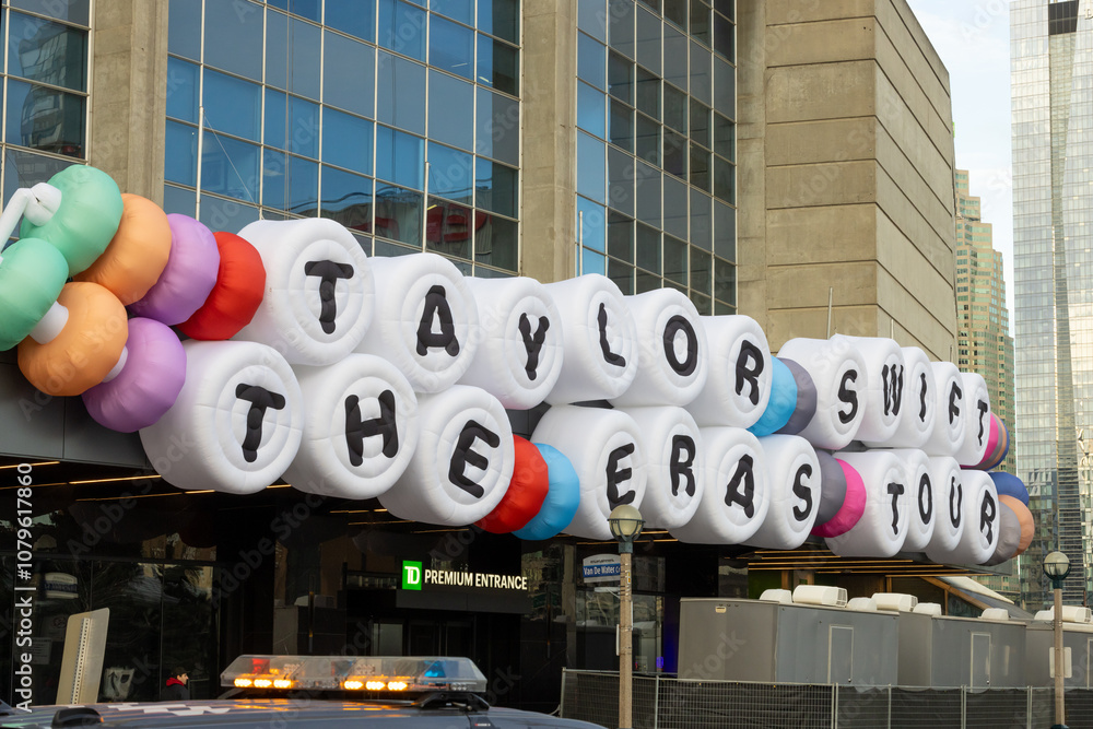 Fototapeta premium Toronto Canada, November 13, 2024; Angle view of the Friendship bracelet inspired sign over the entrance to the Rogers Centre in Toronto for the Taylor Swift Eras Tour concert