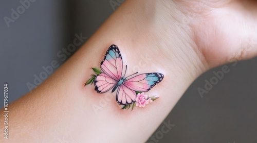 Elegant butterfly tattoo on wrist with delicate pink and blue details