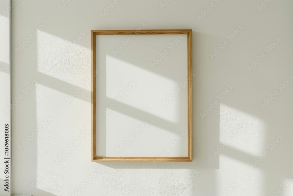 Empty wooden frame on a white wall with natural sunlight shadows. Empty wooden frame on a white wall with natural sunlight shadows.