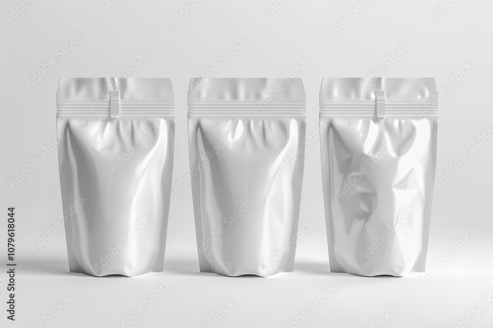 Three white stand-up pouches with zippers on a white background. Three white stand-up pouches with zippers on a white background.