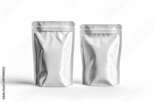 Two blank white stand-up pouches with zippers, isolated on white background.