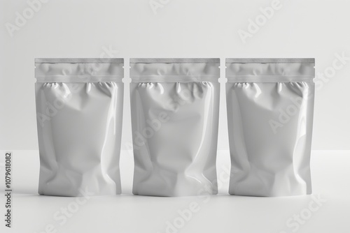 Three white stand-up pouches with zipper closure on a white background.