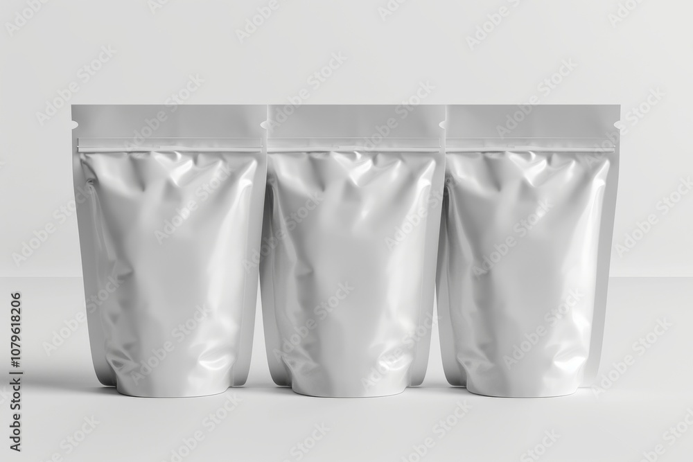 Three blank white stand up pouches with zippers on a white background. Three blank white stand up pouches with zippers on a white background.