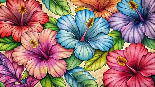 Wallpaper Mural the beauty of nature with a colorful hibiscus pattern in a whimsical and playful drawing style, featuring the exotic flowers in bold and striking designs that will add a pop of color to any surface Torontodigital.ca