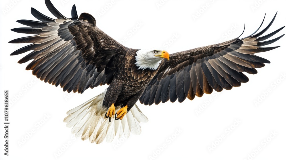 Majestic eagle soaring with wings spread wide against a white background. Majestic eagle soaring with wings spread wide against a white background.