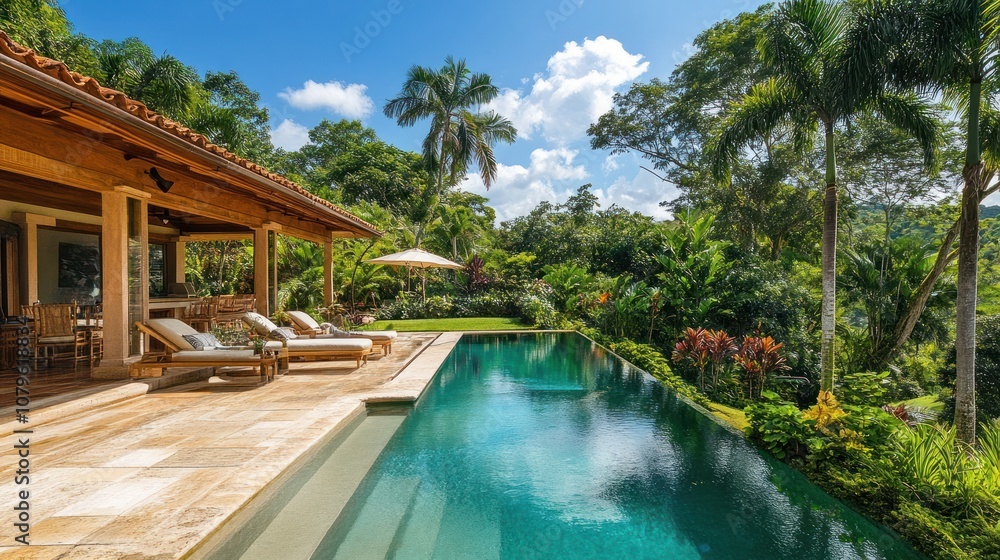 Tropical luxury backyard with infinity pool, lush garden, and cozy cabana Tropical luxury backyard with infinity pool, lush garden, and cozy cabana