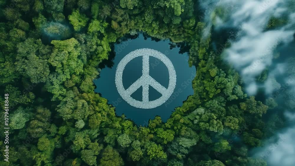 Peace Symbol Island in Tranquil Forest Lake Surrounded by Trees
Peace Symbol Island in Tranquil Forest Lake Surrounded by Trees
