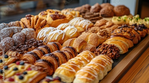 Assorted pastries and breads beautifully arranged on a tray displayed for sale in a bakery Fresh sweet treats and baked goods showcased in a tempting display