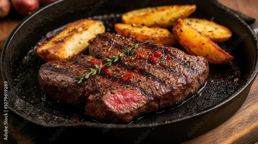 Herb infused butter beef steak accompanied by crispy potato wedges Herb infused butter beef steak accompanied by crispy potato wedges
