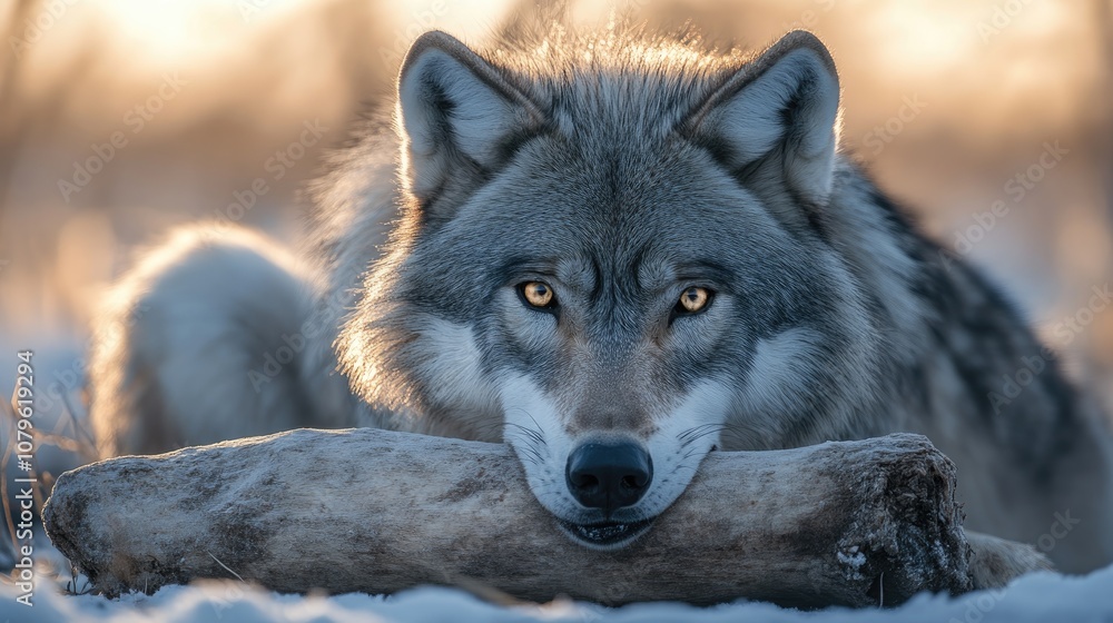Obraz premium Intense portrait of a wolf chewing on a large bone with piercing eyes showcasing fierce determination Wildlife photography at its finest
