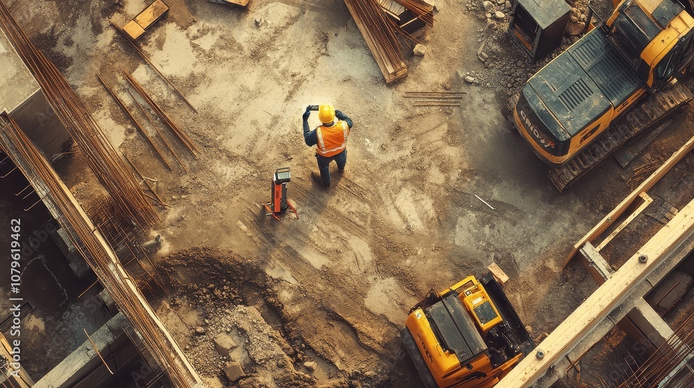 Obraz premium A civil engineer using a laser distance meter for precise measurements on a construction site, surrounded by building materials and heavy equipment.