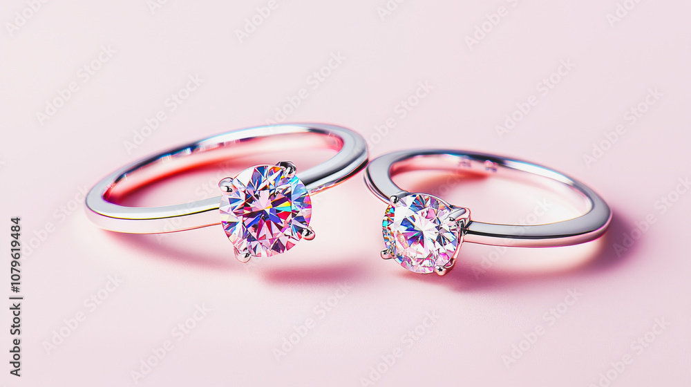 Sparkling Promise: A pair of exquisite diamond engagement rings, shimmering on a delicate pink background, symbolize eternal love and commitment. Sparkling Promise: A pair of exquisite diamond engagement rings, shimmering on a delicate pink background, symbolize eternal love and commitment.