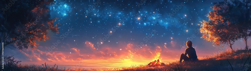 Fototapeta premium A person sitting by a campfire, watching the stars come out