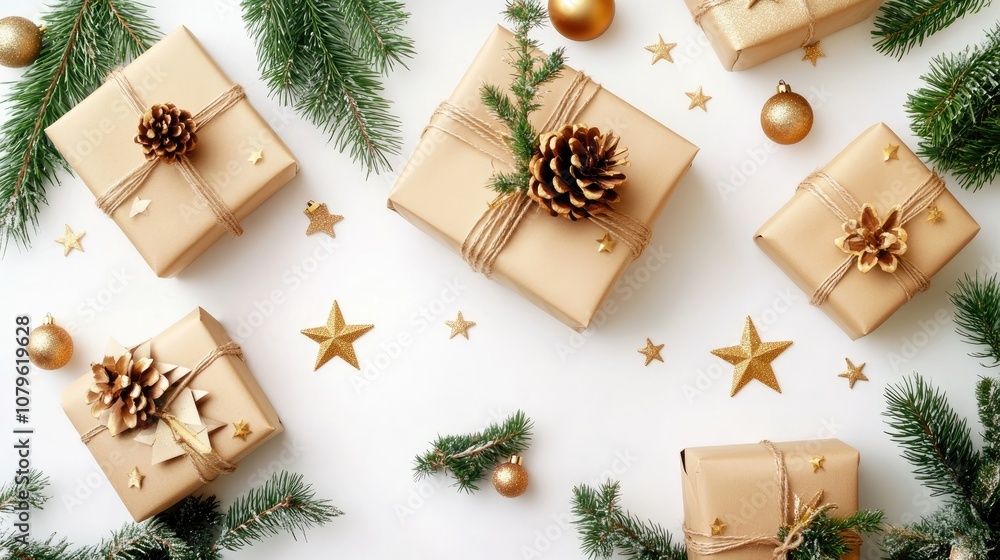 custom made wallpaper toronto digitalChristmas gifts adorned with pine branches golden ornaments and stars beautifully arranged on a clean white backdrop showcasing the elegant spirit of the holiday season