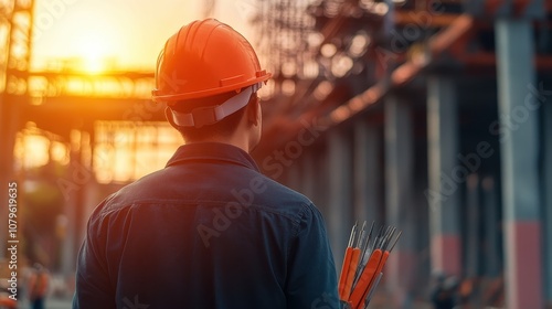 A civil engineer wearing a hard hat and carrying construction tools while inspecting the structural integrity of a bridge under construction.