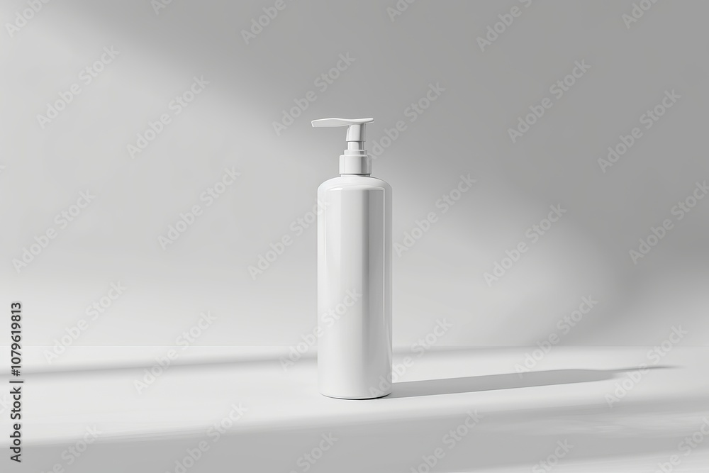 White pump bottle on a white background with sunlight casting shadows. White pump bottle on a white background with sunlight casting shadows.