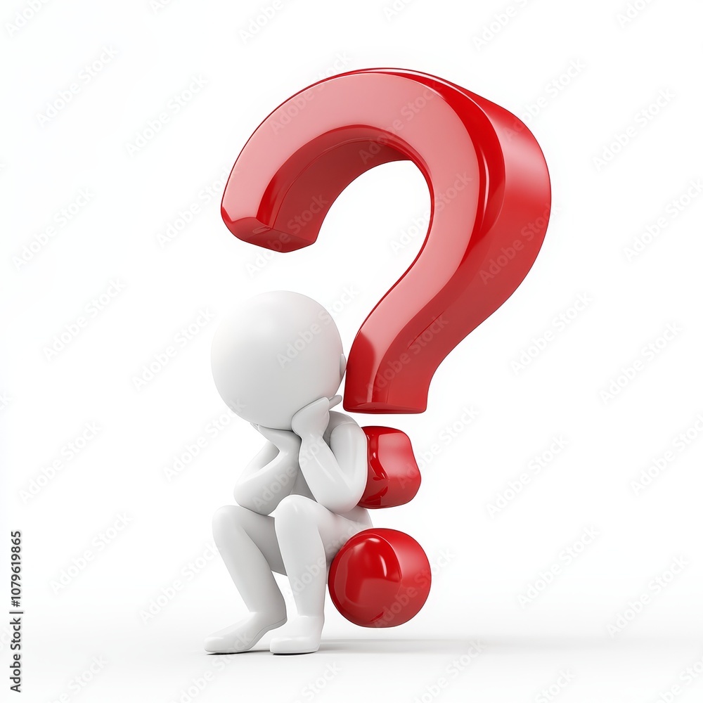 A 3D white figure sitting with a red question mark behind him. A 3D white figure sitting with a red question mark behind him.