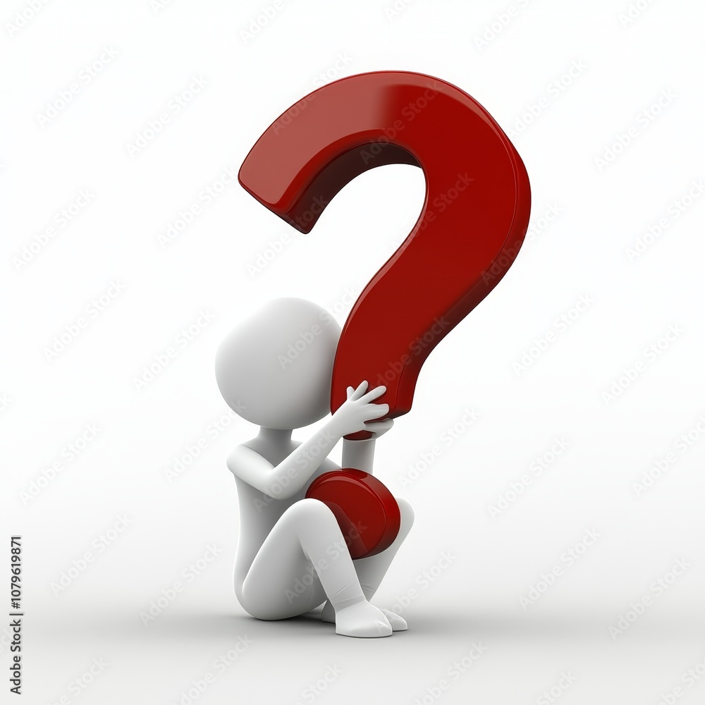 A white figure sits on a white background holding a large red question mark. A white figure sits on a white background holding a large red question mark.
