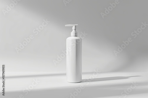 White pump bottle on a white background with sunlight casting shadows.