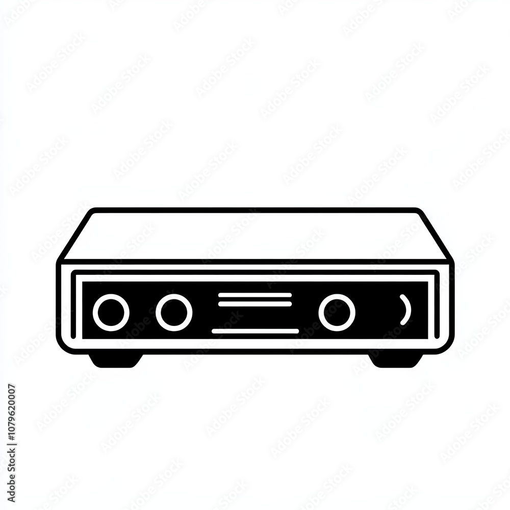 This graphic depicts a minimalist line icon of a media console featuring two circular buttons and a sleek design, creating a modern look on a white backdrop This graphic depicts a minimalist line icon of a media console featuring two circular buttons and a sleek design, creating a modern look on a white backdrop