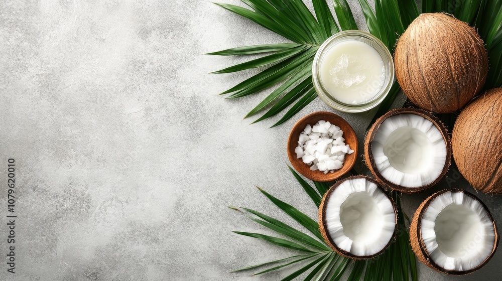 Coconut fruit and jar of organic coconut oil from a top perspective Spa and culinary ingredient Flat lay composition Coconut fruit and jar of organic coconut oil from a top perspective Spa and culinary ingredient Flat lay composition