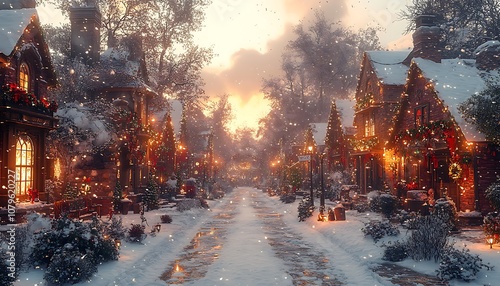 A snow covered road lined with frosty houses and trees