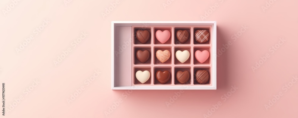 Mockup of a romantic candy box with a window, showcasing heart-shaped chocolates arranged in a beautiful layout Mockup of a romantic candy box with a window, showcasing heart-shaped chocolates arranged in a beautiful layout