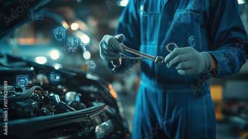 Mechanic Working on Car with Futuristic Interface photo