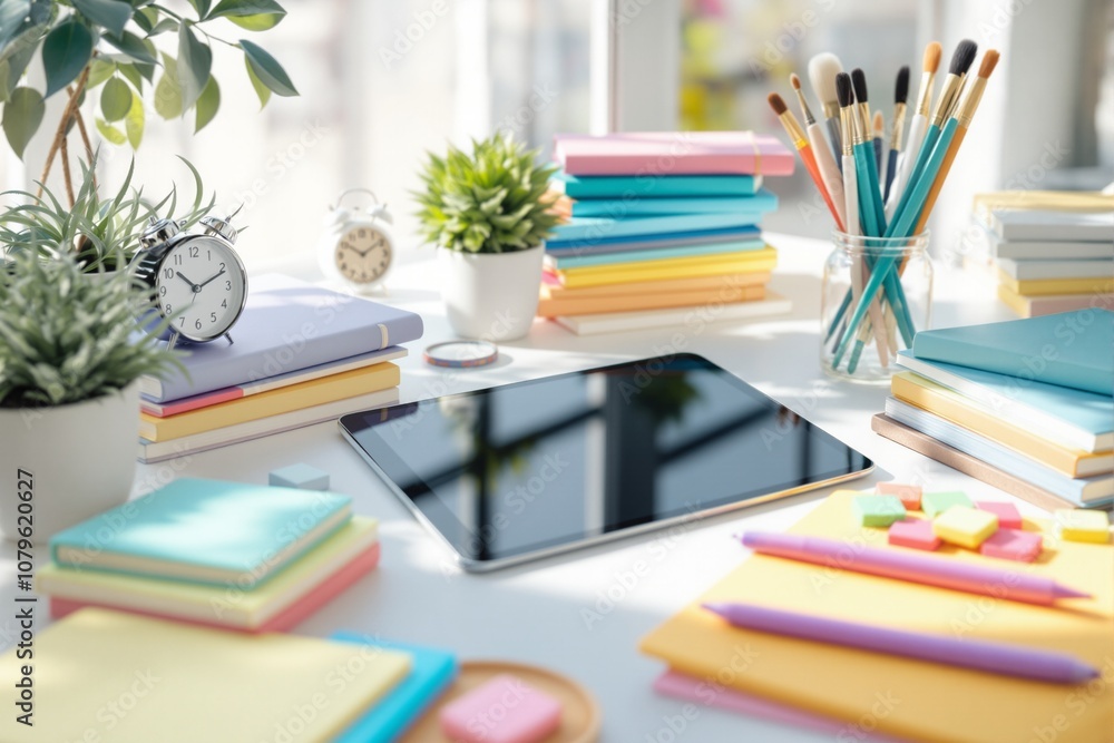 Bright and Organized Workspace with Stationery, Plants, and Digital Devices Bright and Organized Workspace with Stationery, Plants, and Digital Devices