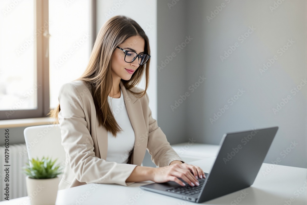 Professional Young Woman Working on Laptop in Modern Office Setting Professional Young Woman Working on Laptop in Modern Office Setting