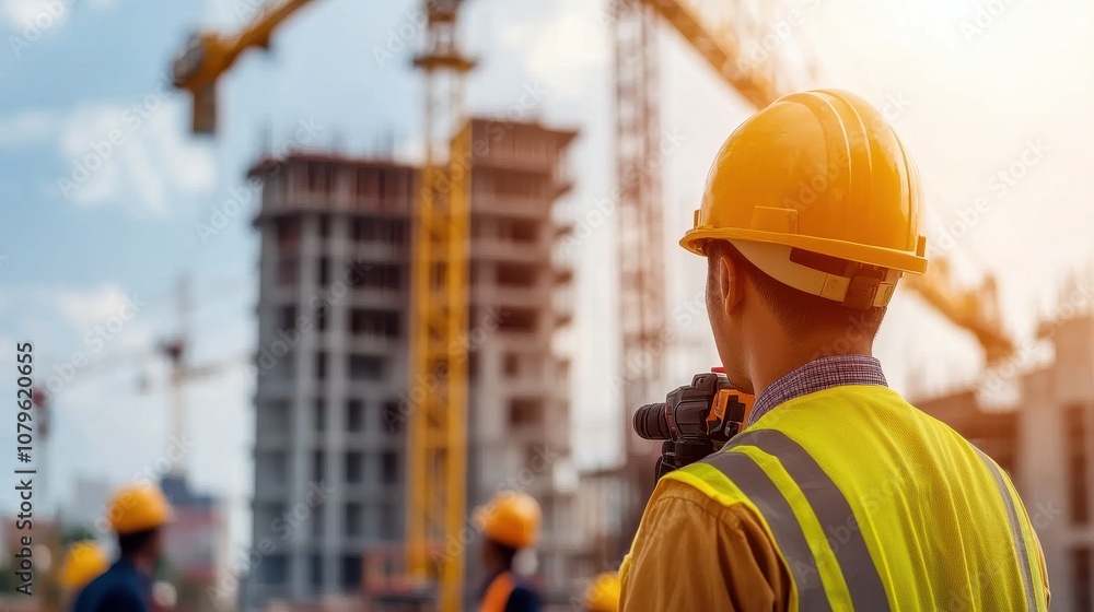 Close-up of a civil engineer adjusting equipment on a construction site, with workers using various power tools like drills and saws in the background. Close-up of a civil engineer adjusting equipment on a construction site, with workers using various power tools like drills and saws in the background.