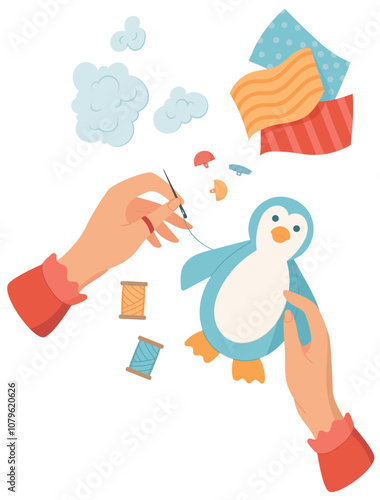 Hands sewing a cute penguin toy with colorful fabric sticker. Engaging in a fun activity that showcases the joy of DIY crafts. Ideal for children, art classes, and creative workshops.