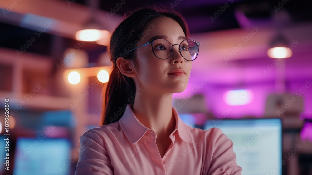 Technicians in Neon Lit Lab Analyzing Wind Energy