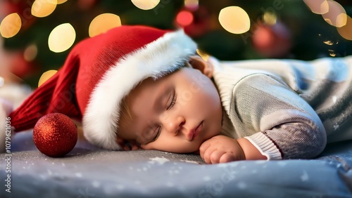 Sleeping baby on Christmas night in cozy nursery with holiday decorations and soft lighting 