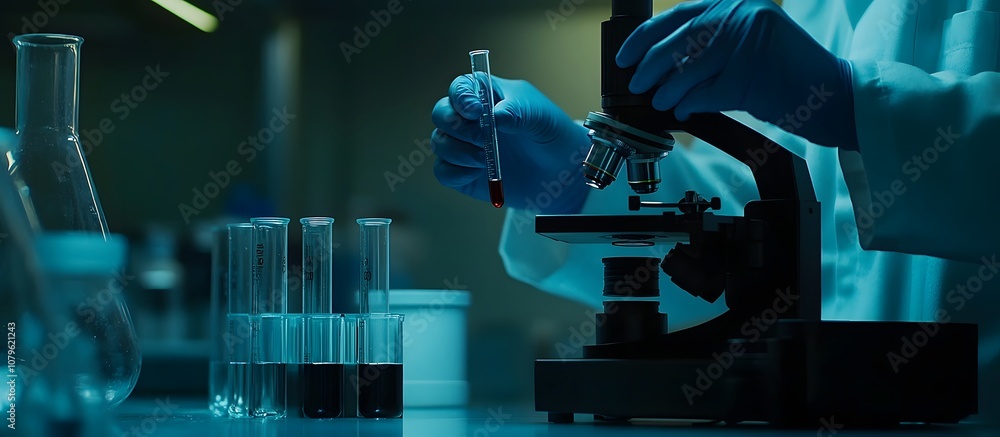 close up of scientist hands in blue gloves holding test tube with liquid, black microscope next to glass beakers and tubes on table, close up of scientist hands in blue gloves holding test tube with liquid, black microscope next to glass beakers and tubes on table,