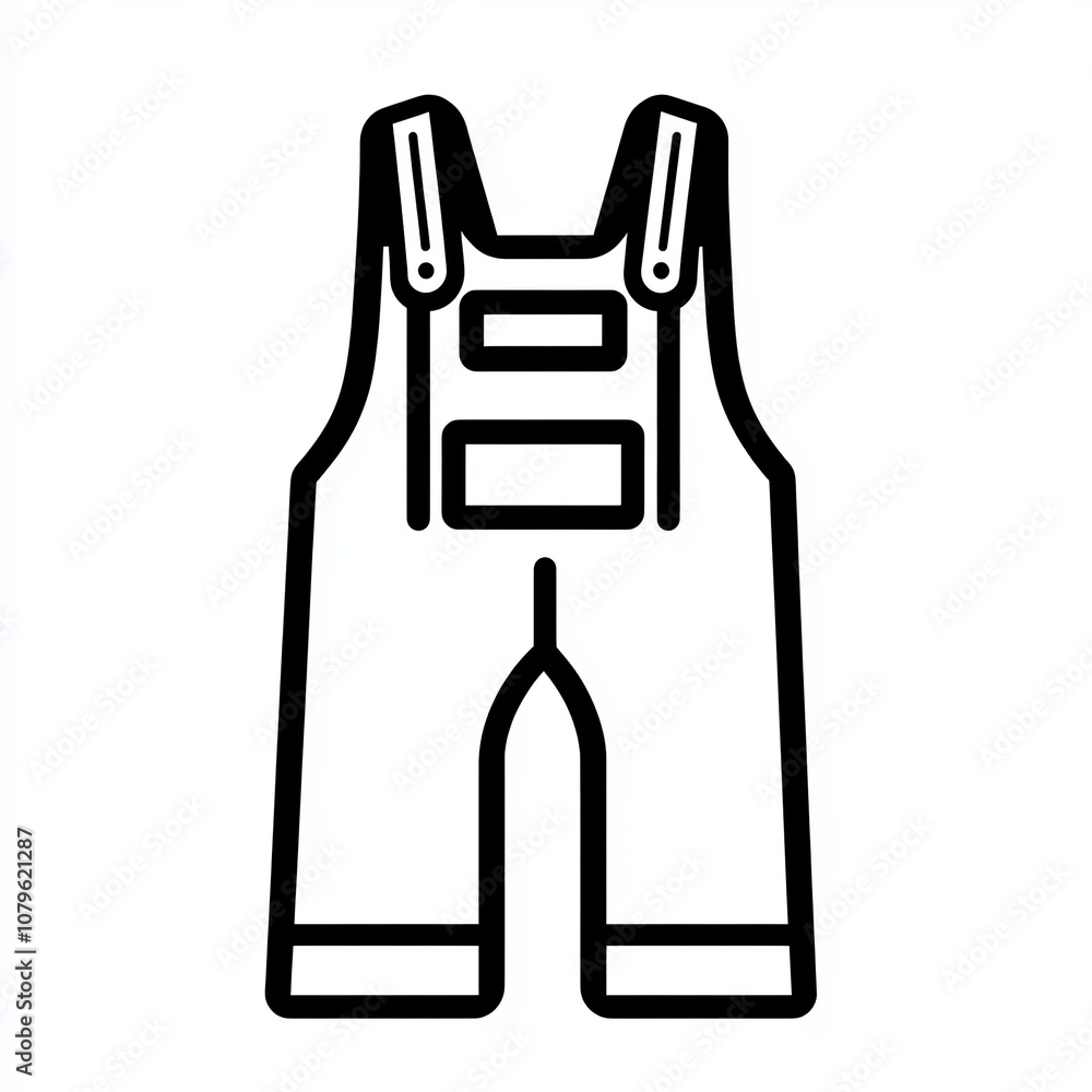 This icon features a simple design of overalls in black and white. It captures the essential details with a clean and minimalistic style against a white backdrop This icon features a simple design of overalls in black and white. It captures the essential details with a clean and minimalistic style against a white backdrop