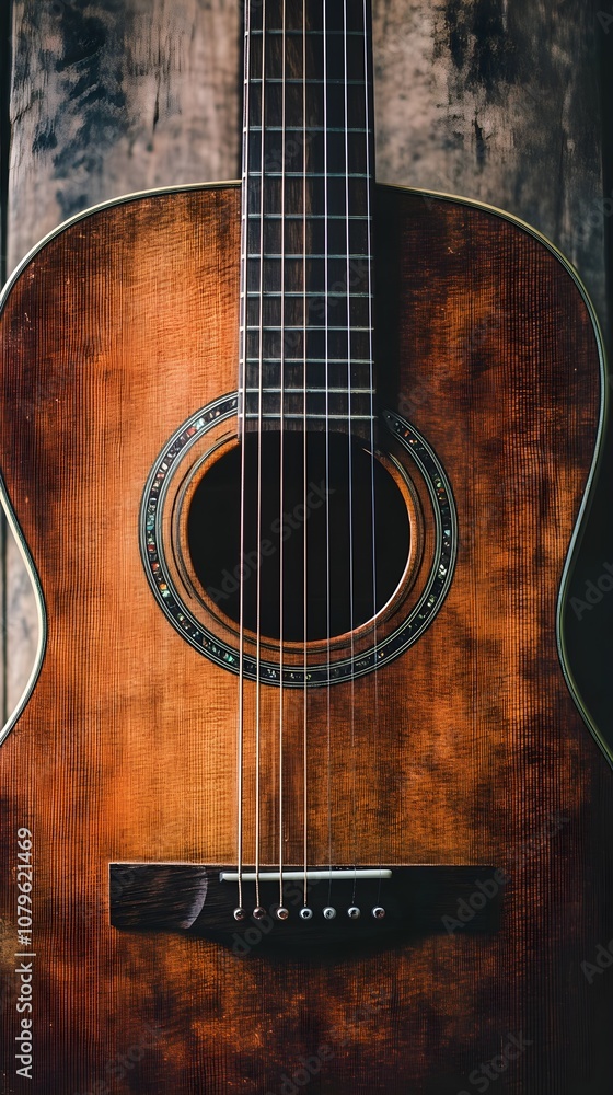 Fototapeta premium Close up of acoustic guitar on wood background