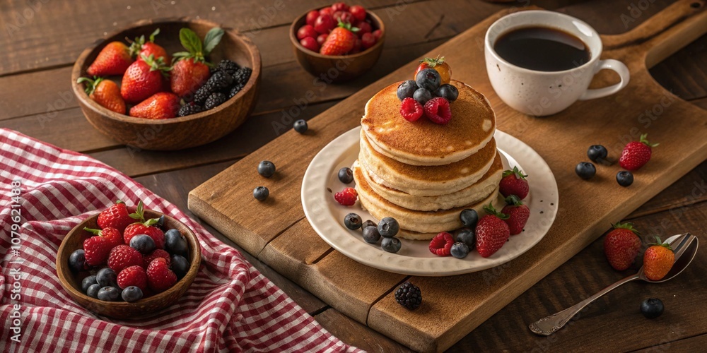 Freshly baked croissants on a wooden cutting board with a cup of coffee Freshly baked croissants on a wooden cutting board with a cup of coffee