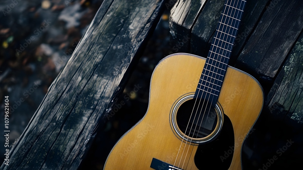 Obraz premium Close up of acoustic guitar on wood background