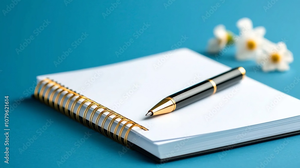 Blank crisp notebook page with a golden pen and delicate flowers surrounding it creating a peaceful inspiring workspace setup that symbolizes new beginnings fresh ideas and creative potential Blank crisp notebook page with a golden pen and delicate flowers surrounding it creating a peaceful inspiring workspace setup that symbolizes new beginnings fresh ideas and creative potential