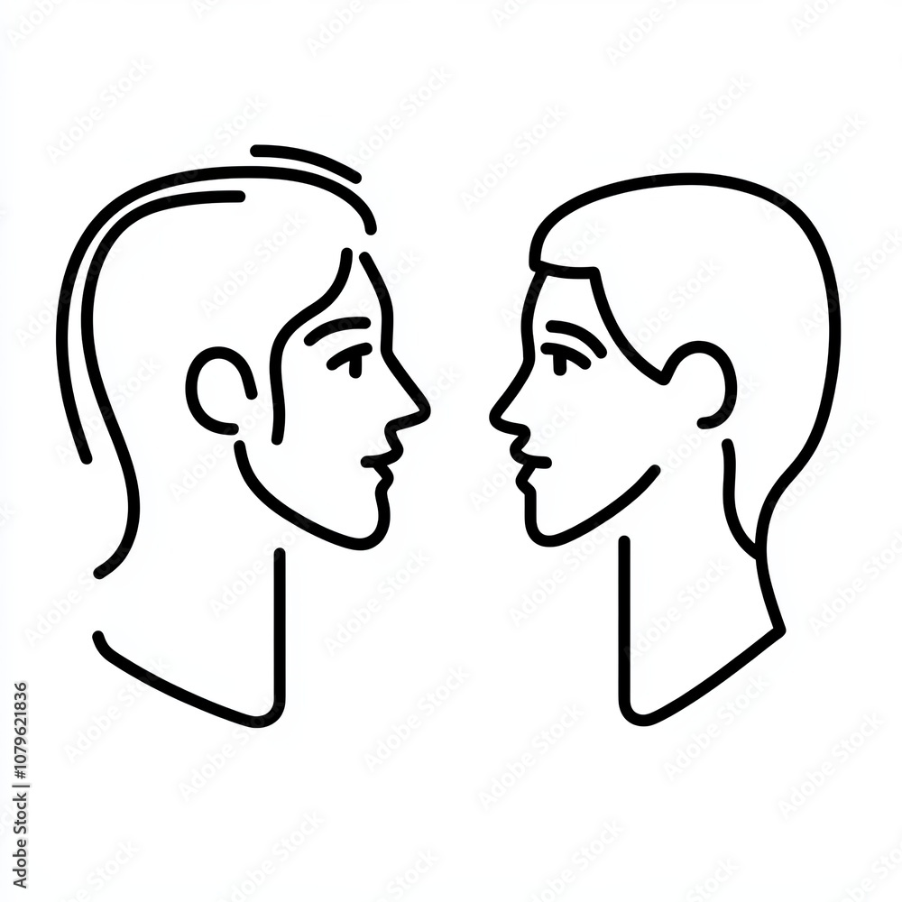 Two figures face each other in dialogue, their features outlined in black on a white background, emphasizing simplicity in communication Two figures face each other in dialogue, their features outlined in black on a white background, emphasizing simplicity in communication