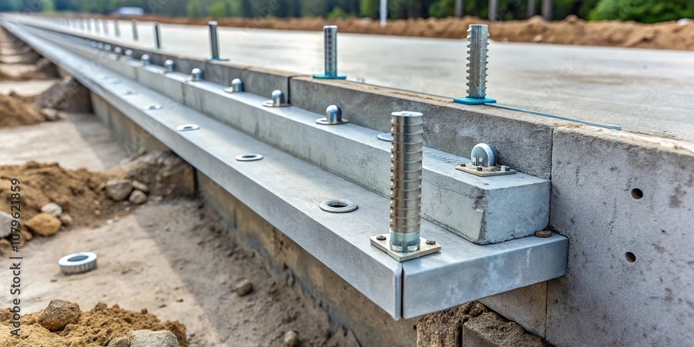 Close-up of threaded anchor securing sill plate to concrete foundation Close-up of threaded anchor securing sill plate to concrete foundation