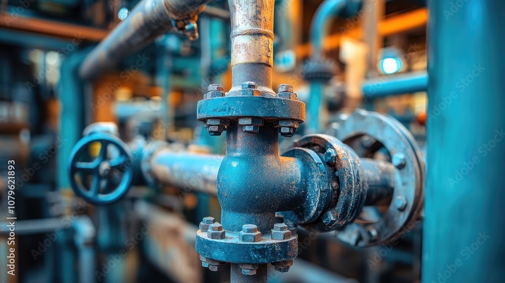 A collection of industrial pipes and valves showcases their complex interconnections within a manufacturing environment A collection of industrial pipes and valves showcases their complex interconnections within a manufacturing environment