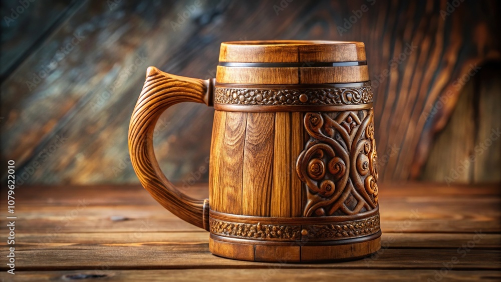 Close-up of a wooden beer mug with intricate carvings on the handle, beverage container, rustic Close-up of a wooden beer mug with intricate carvings on the handle, beverage container, rustic