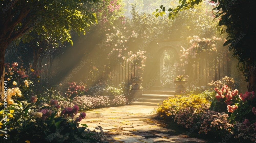 A tranquil garden filled with delicate flowers bathed in sunlight evoking a soothing and revitalizing ambiance A tranquil garden filled with delicate flowers bathed in sunlight evoking a soothing and revitalizing ambiance