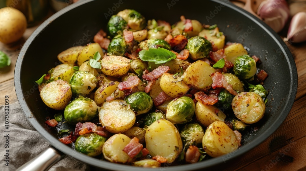 Rustic style pan featuring Brussels sprouts potatoes and bacon Rustic style pan featuring Brussels sprouts potatoes and bacon